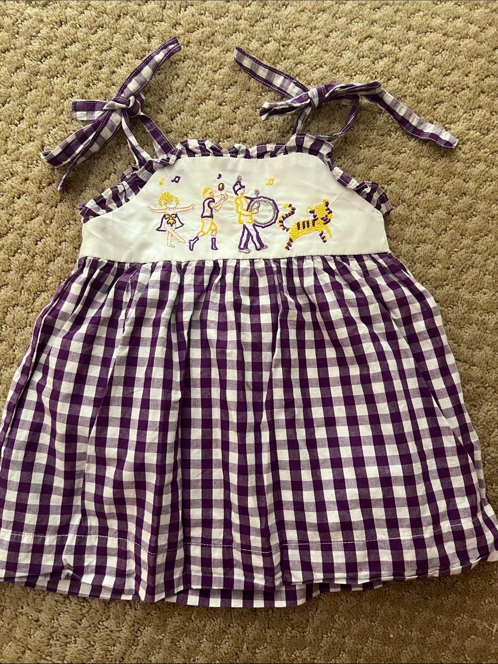 Purple Gingham LSU Tie-Shoulder Girls Dress with Embroidered Front